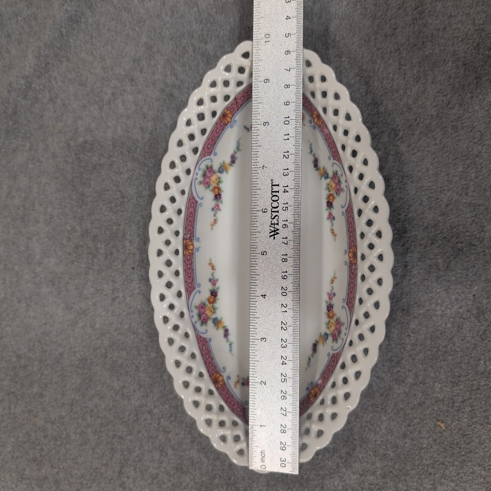 Schumann Arzberg Bavaria Reticulated Floral Porcelain Oval Bowl Pink Lattice Rim - Picture 4 of 7